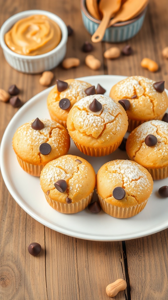 Low-Carb Keto Peanut Butter Muffins Recipe Freshly baked keto peanut butter muffins on a rustic table, garnished with chocolate chips.